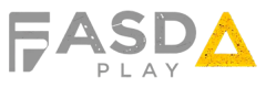 Logotipo blanco de Fasda Play con una letra A triangular amarilla