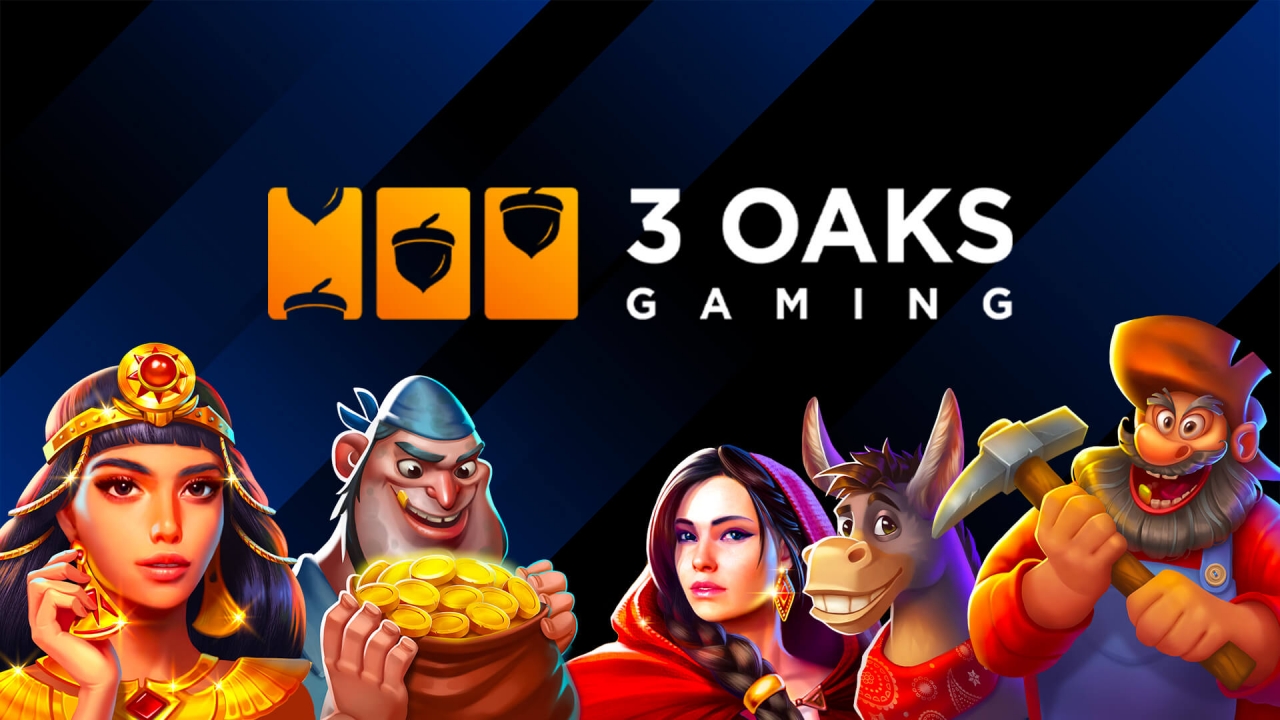 Banner de 3 Oaks Gaming destacando algunos de sus juegos más populares, famosos por sus temáticas únicas, jugabilidad envolvente y gráficos de alta calidad.