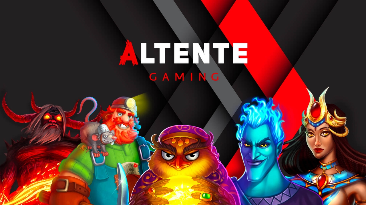 Banner de Altente con personajes de juegos como Rise of Dragons y Mystery of EvenBet — jackpots personalizables y herramientas de bonus para iGaming