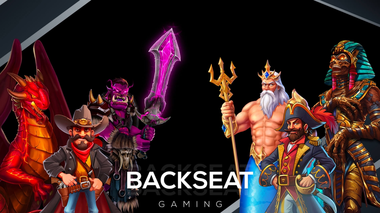 Promotional banner showcasing Backseat Gaming’s high-quality slot games, featuring characters inspired by mythology, fantasy, and adventure. The image highlights popular game themes, including dragons, pirates, gods, and mythical creatures, emphasizing Backseat Gaming’s engaging visuals, innovative mechanics, and captivating gameplay for online casinos worldwide.
