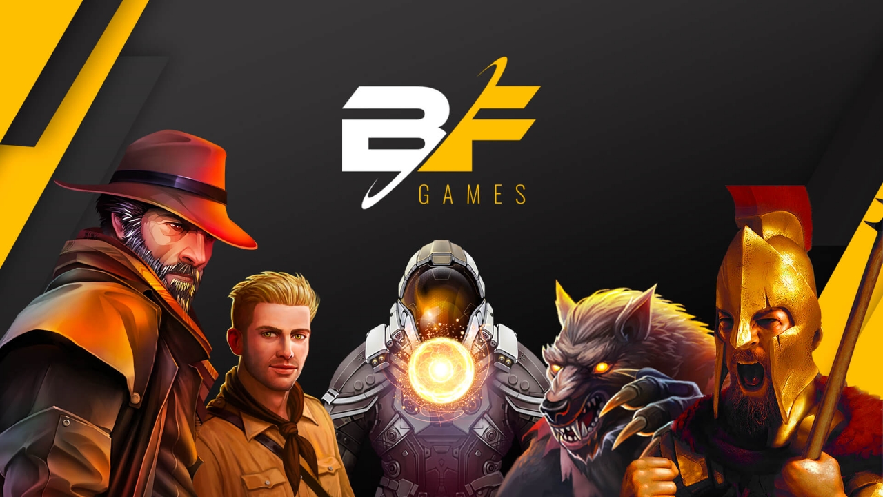 Promotional banner showcasing BF Games’ premium slot games, featuring characters inspired by adventure, mythology, and sci-fi themes. The image highlights BF Games’ dedication to immersive visuals, innovative mechanics, and high-quality gameplay, making it a top choice for online casino operators worldwide.