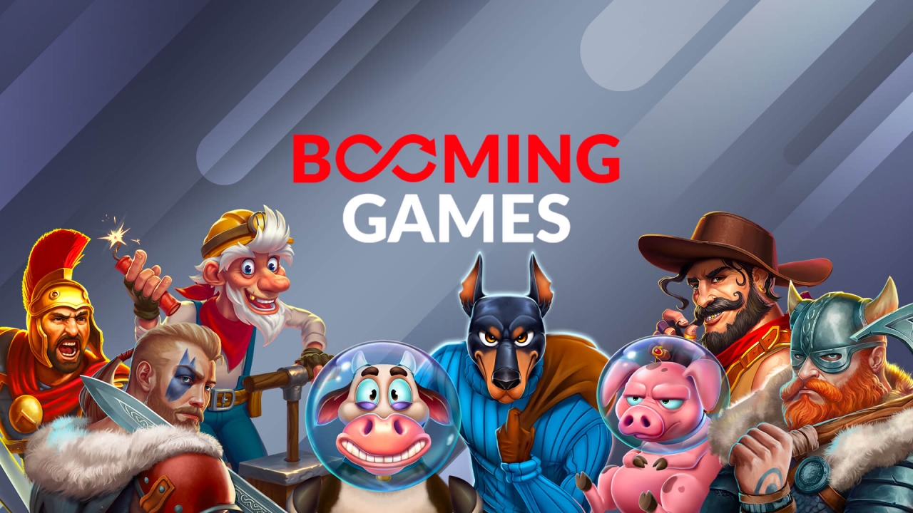 Promotional banner for Booming Games, a leading slot provider in the iGaming industry. The image features a dynamic lineup of game characters, including warriors, animals, and adventurers, showcasing the provider’s diverse slot themes and innovative game mechanics.