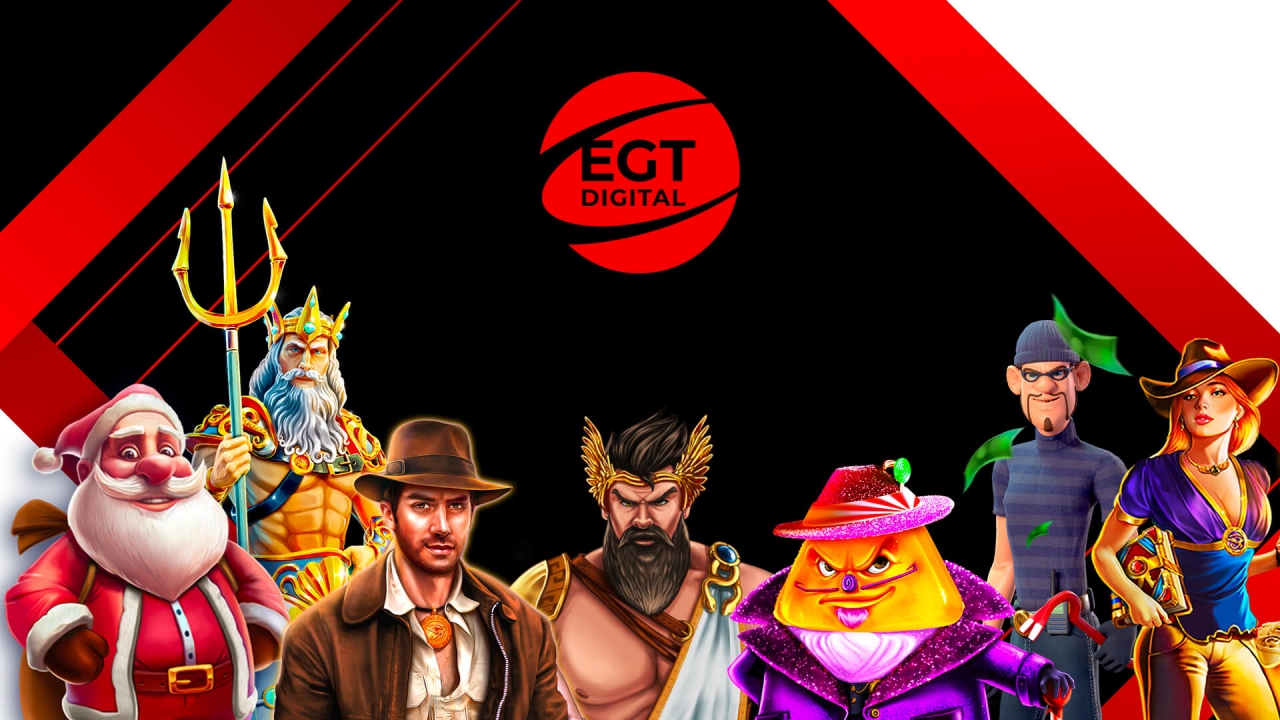 Promotional banner for EGT Digital, a provider of online casino games. The image features a diverse mix of characters, including Santa Claus, Poseidon, an adventurer, and a notorious thief, showcasing the variety of themes in EGT Digital's gaming portfolio.