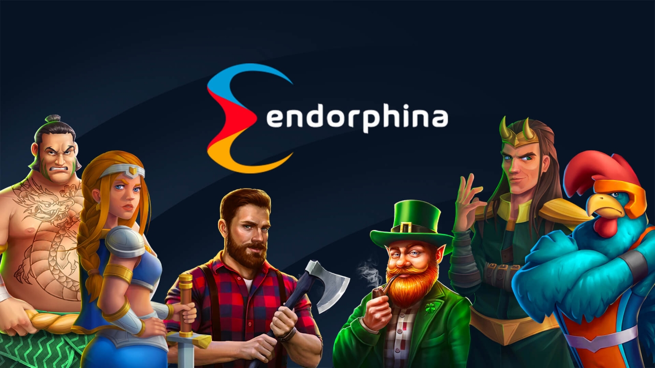 Promotional banner for Endorphina, a leading online slot game provider. The image features diverse characters, including a Viking warrior, a leprechaun, a samurai fighter, and a futuristic rooster, representing the wide range of themes in Endorphina’s gaming portfolio.