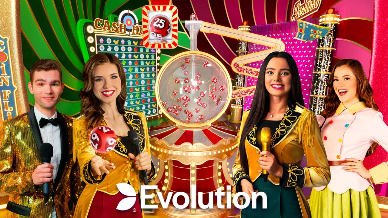 Imagem de jogos de cassino ao vivo e slots inovadores da Evolution, incluindo Crazy Time e Lightning Roulette.