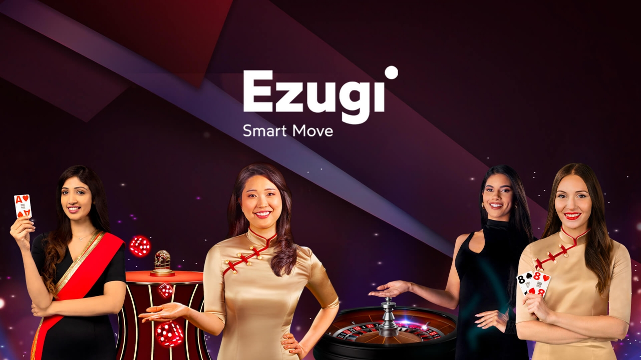 A promotional banner for Ezugi, a leading live casino provider offering high-quality live dealer games. The image features professional live dealers hosting classic casino games like Blackjack, Baccarat, and Roulette, highlighting Ezugi’s immersive and interactive gaming experience for online platforms.