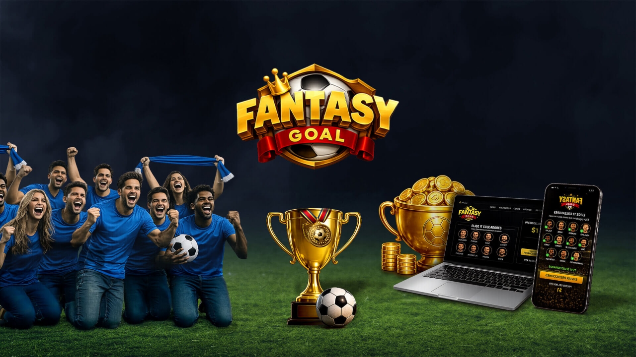 Banner da Fantasy Goal com torcedores comemorando, troféus de futebol, moedas e o jogo exibido em notebook e celular