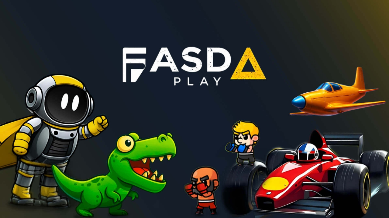 Fasda Play banner featuring an astronaut, green dinosaur, boxers, racing car and orange aircraft around the provider logo