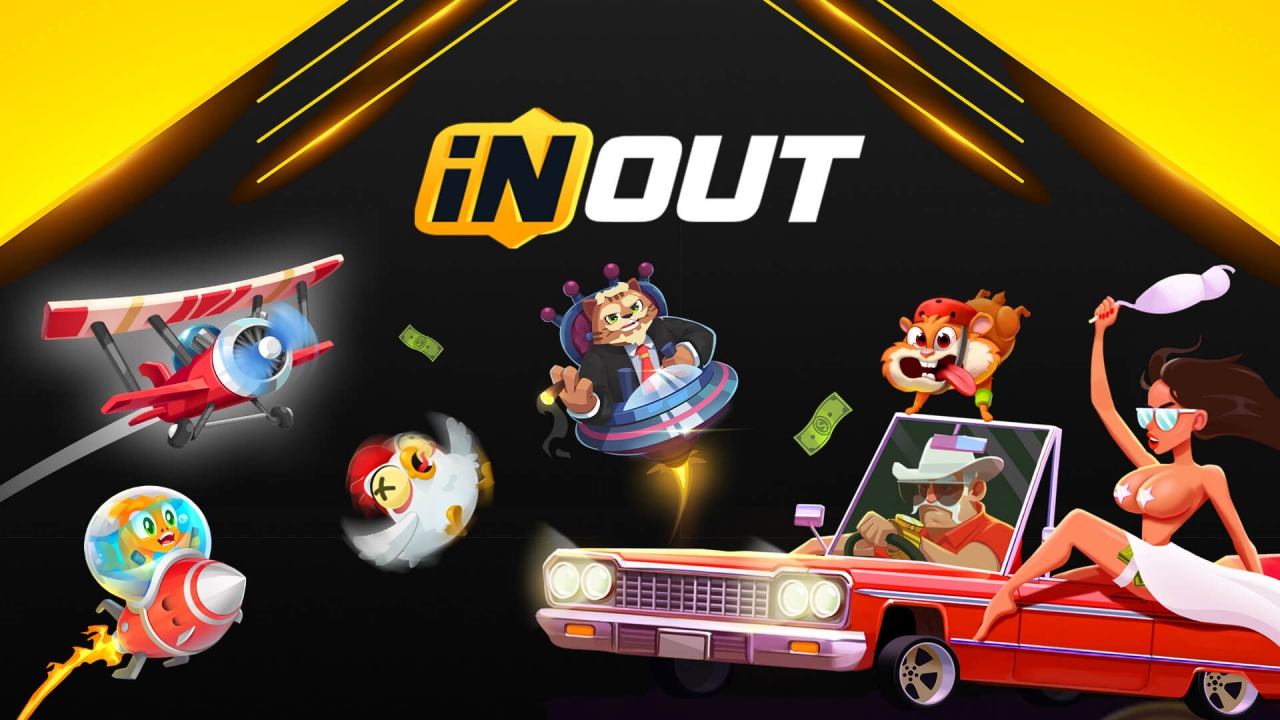 collage visual de gráficos de multiplicador crash, mecánicas de plinko y gráficos de estilo arcade de InOut Games para plataformas de casino en línea