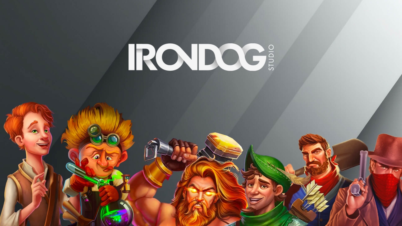 Banner de Iron Dog Studio destacando su portafolio de más de 130 juegos, incluyendo tragamonedas y juegos de mesa.