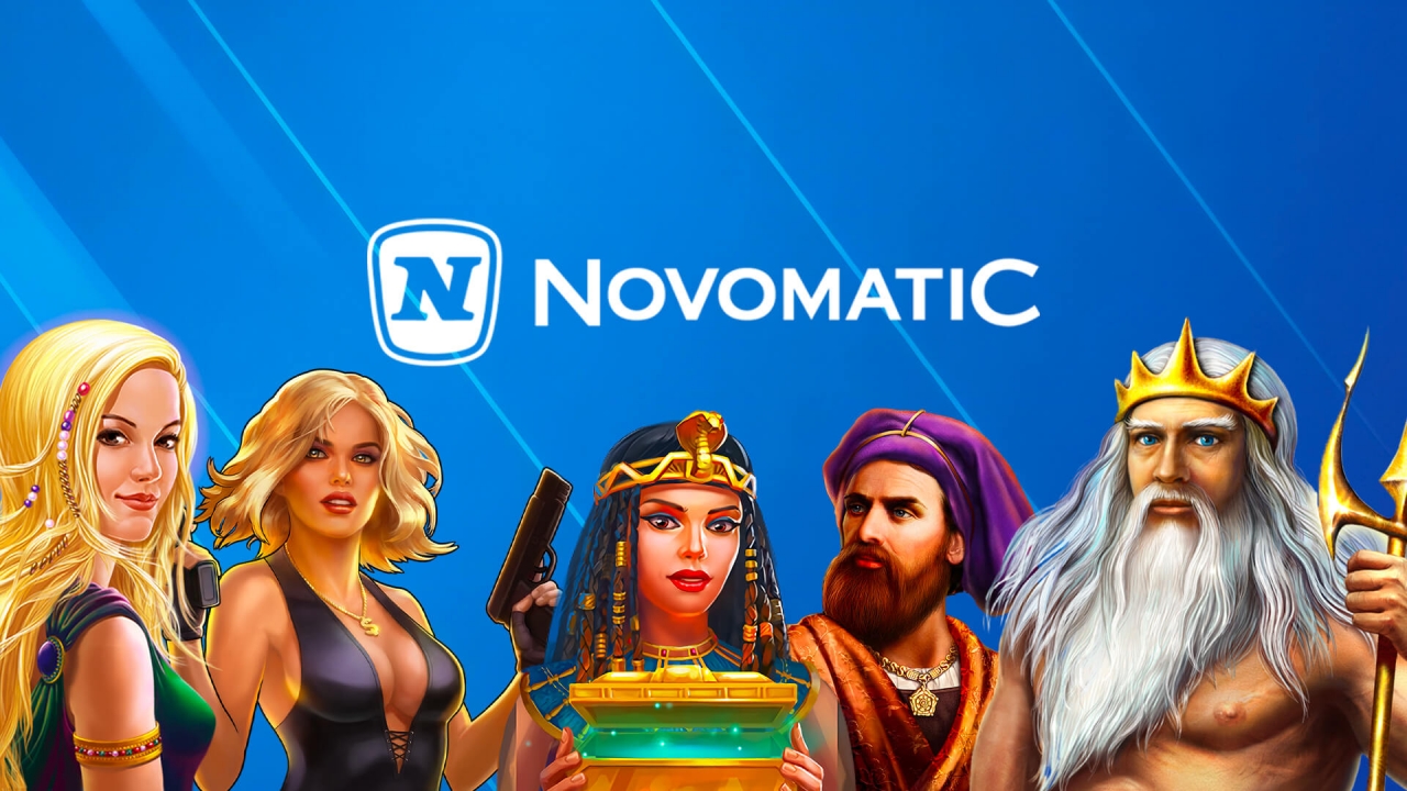 Banner da Novomatic destacando títulos icônicos como Lucky Lady’s Charm Deluxe e outros jogos premiados.