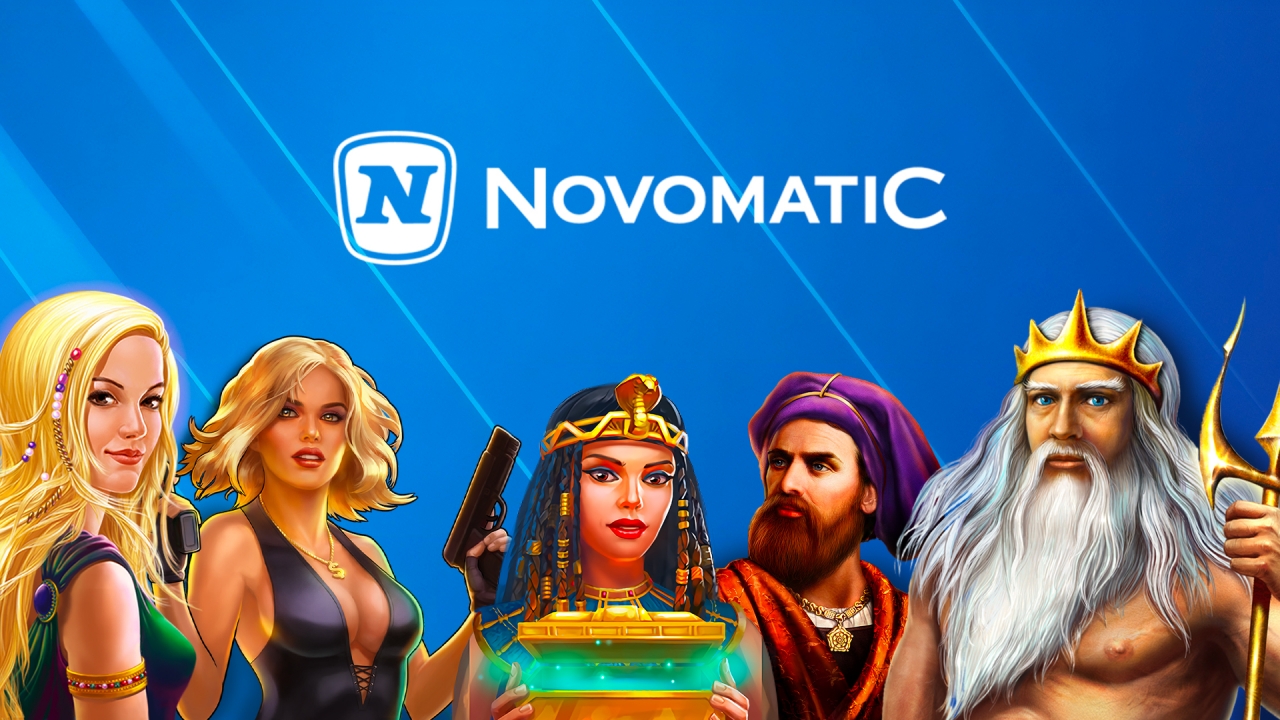 Novomatic banner showcasing a diverse range of slot machines, electronic table games, and gaming platforms available through the Timeless Tech platform