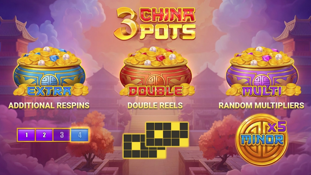 3 China Pots Slot Info Screen Information screen displaying the main features of the 3 China Pots slot game, including the Hold & Win bonus