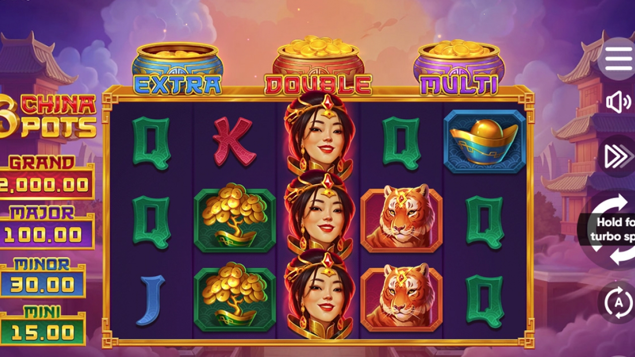 3 China Pots Base Game Screenshot Screenshot of the 3 China Pots slot game showing the basic gameplay on the 5x3 reel setup