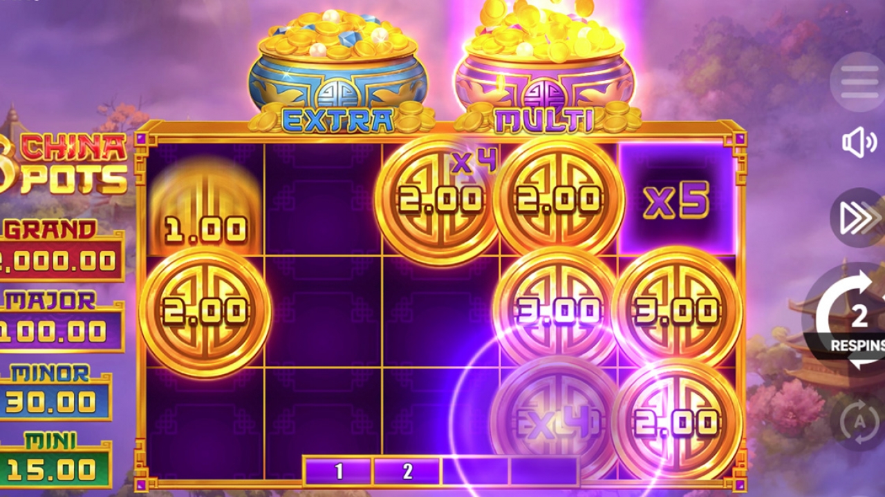 Multipliers in 3 China Pots Bonus Game Screenshot of the 3 China Pots slot game showing multipliers during the Hold & Win bonus feature
