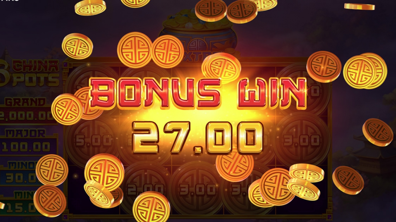 3 China Pots Bonus Game Win Win screen of the 3 China Pots slot game displaying the total rewards from the Hold & Win bonus feature.