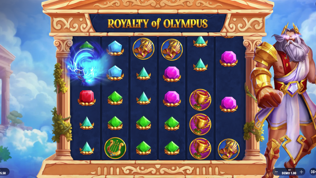 Pantalla del juego base con símbolos vibrantes y carretes en cascada en Royalty of Olympus de Barbara Bang.