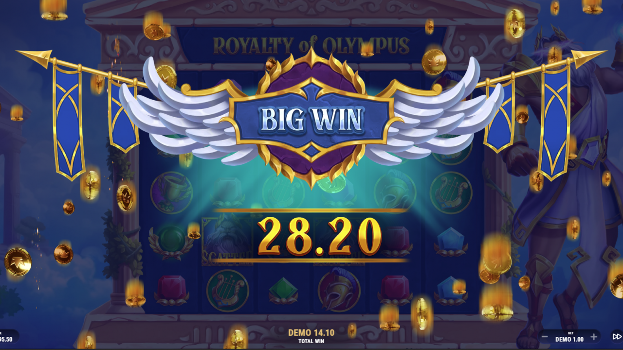 Celebración de Gran Ganancia con gráficos vibrantes y multiplicador en Royalty of Olympus de Barbara Bang.