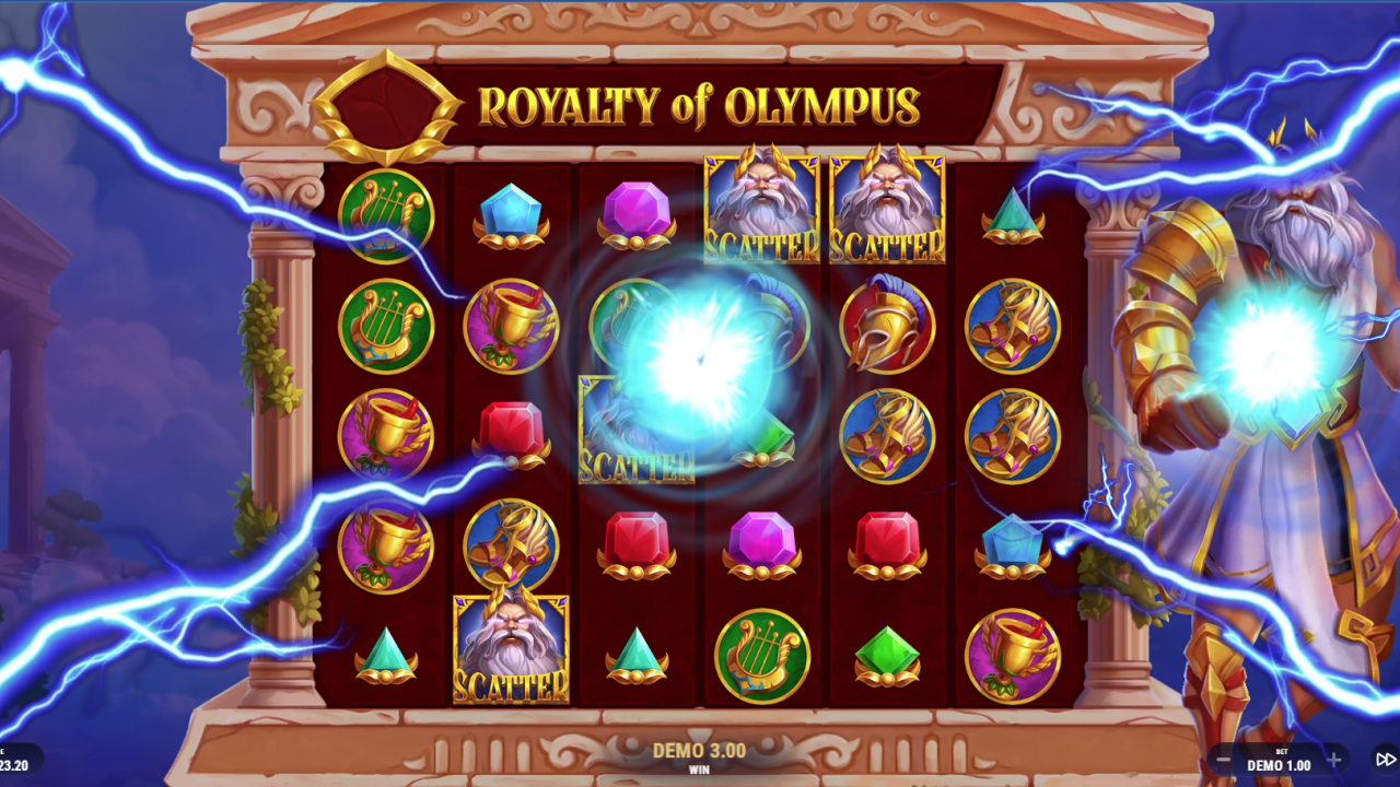 Cuatro símbolos Scatter de Zeus que activan los Giros Gratis en Royalty of Olympus.