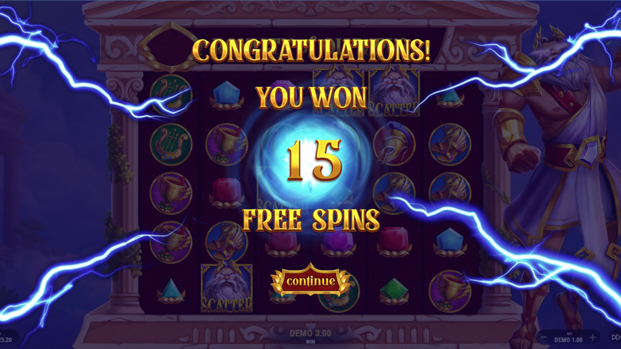 Inicio de la función de Giros Gratis en Royalty of Olympus, con multiplicadores progresivos para grandes premios.