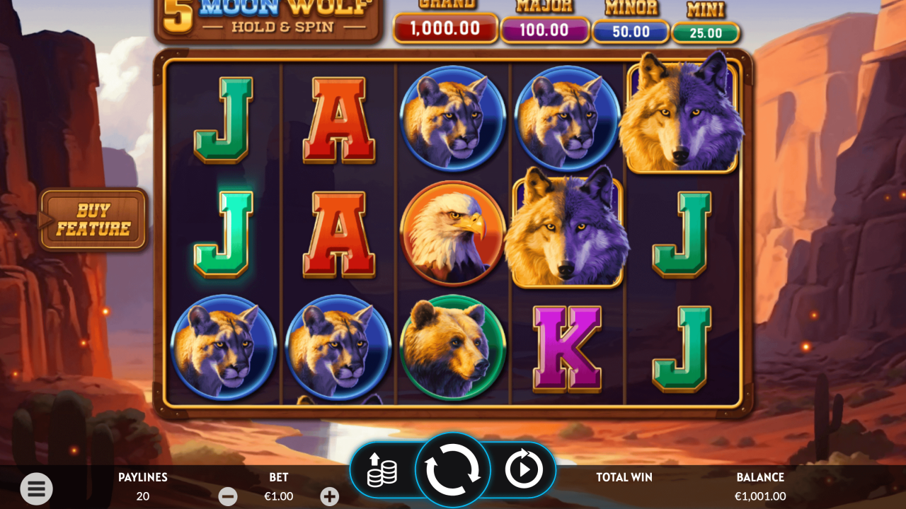 Base game layout showcasing wolves and moon symbols in 5 Moon Wolf slot.