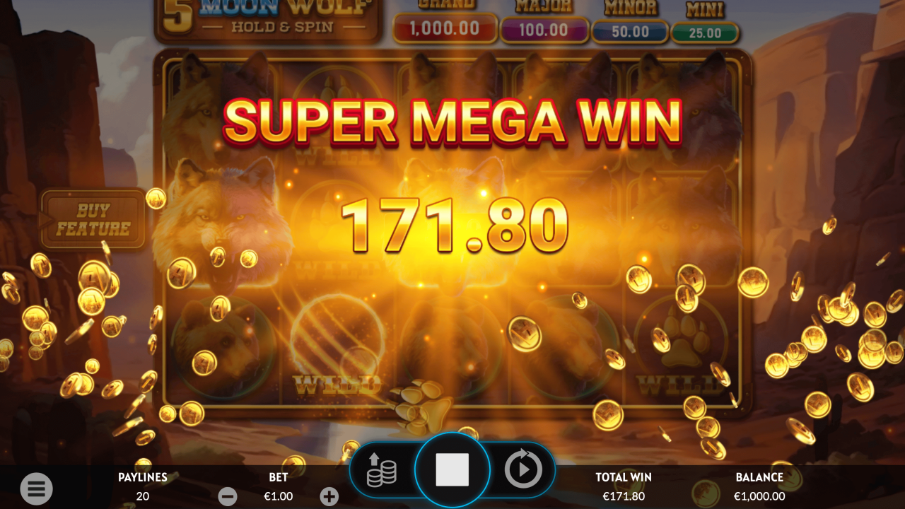 Big win animation with vibrant effects in the 5 Moon Wolf slot.