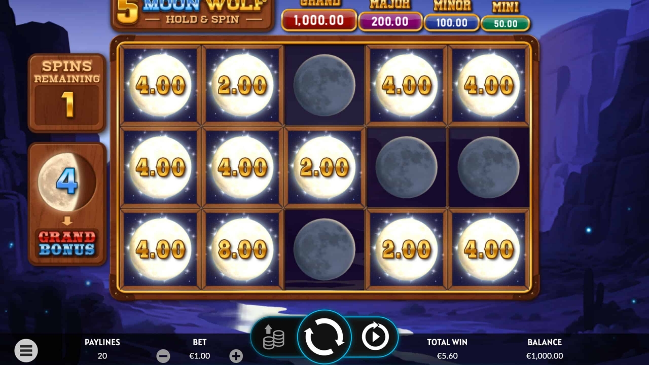 Hold & Win feature gameplay with lunar symbols in the 5 Moon Wolf slot.