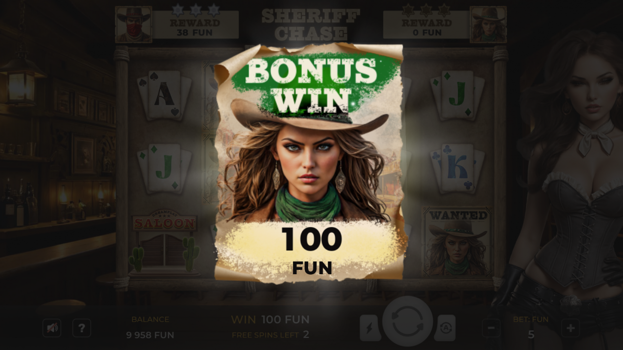 Captura de pantalla que muestra la activación de 10 Giros Gratis en Sheriff Chase, con un fondo de salón y una sheriff.