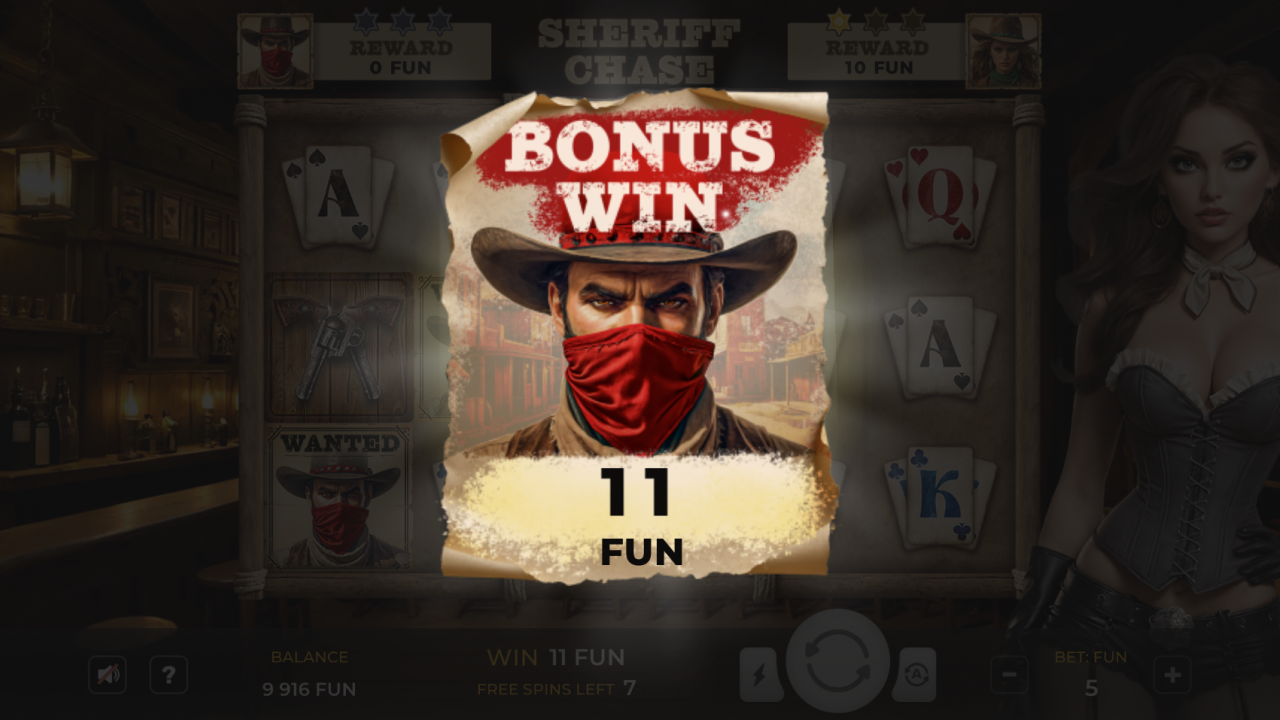 Pantalla de victoria de bono en Sheriff Chase, con un forajido enmascarado y un cartel de “Se Busca” del Viejo Oeste.