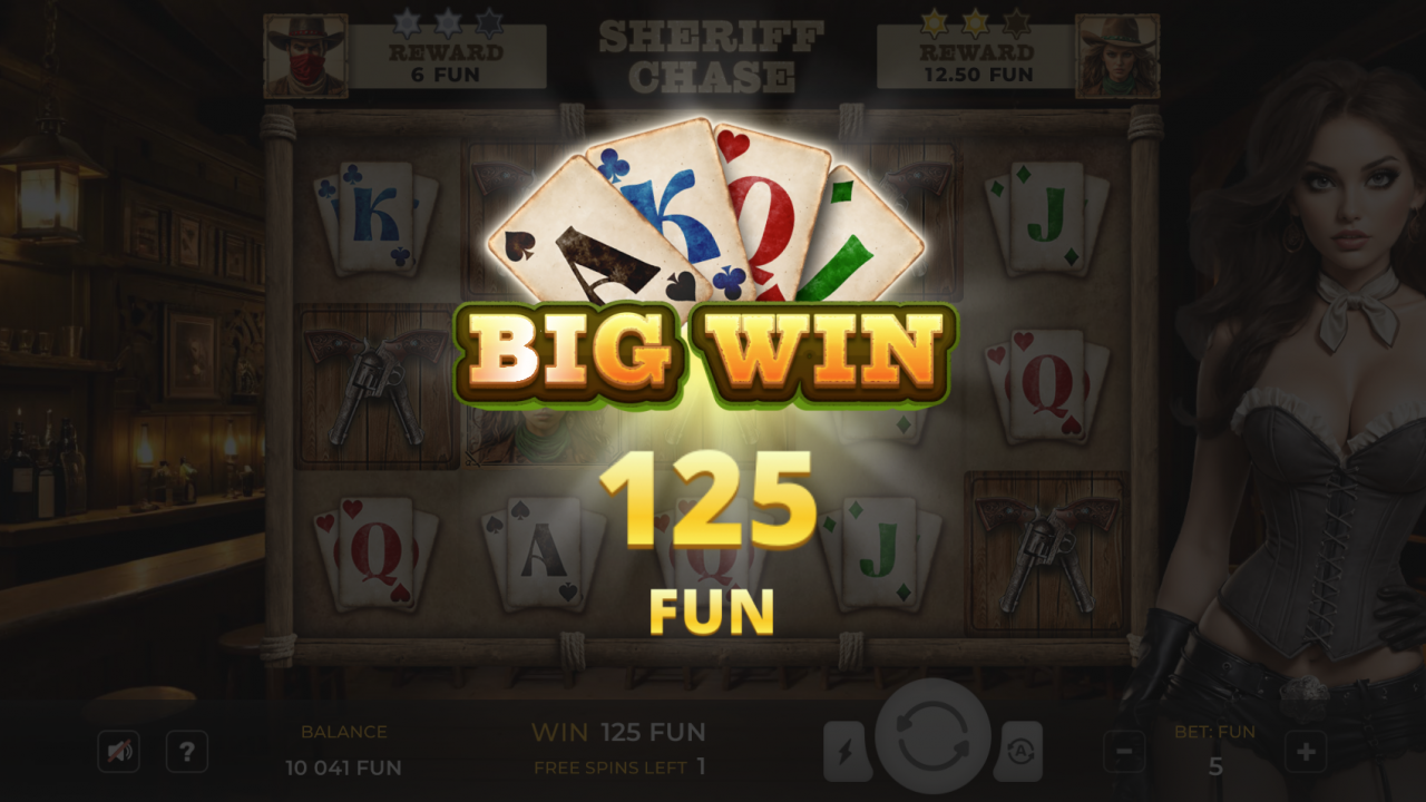  Captura de pantalla de una gran victoria en Sheriff Chase, con símbolos ganadores de cartas y un mensaje de premio brillante.