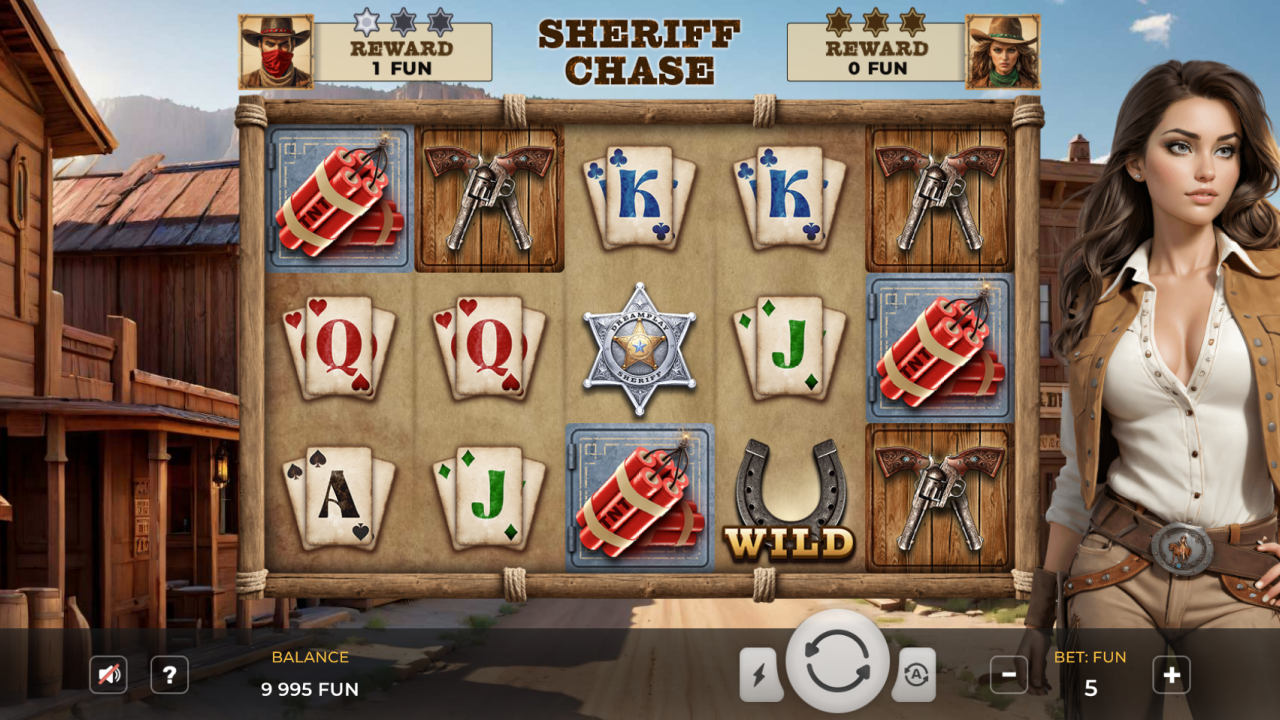 Pantalla de victoria de bono en Sheriff Chase, con una sheriff decidida con vestimenta clásica del Viejo Oeste.