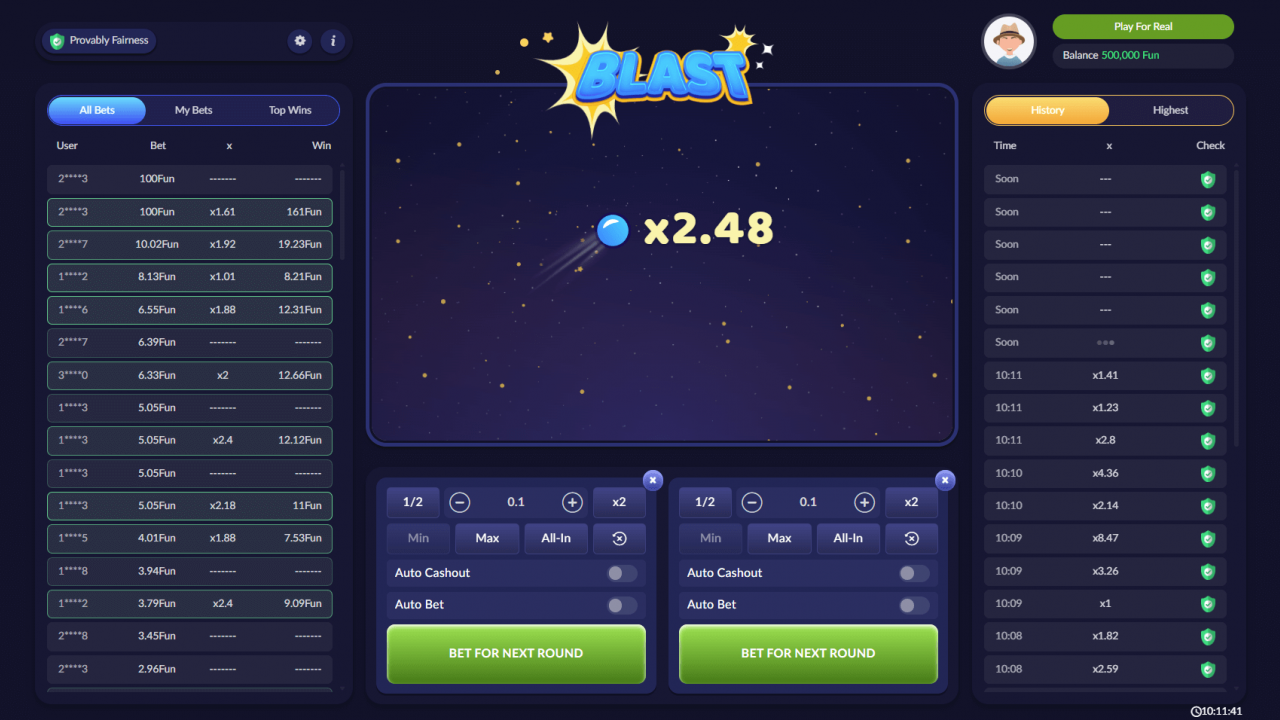 Página principal del crash game Blast, que muestra el tema desértico y la interfaz del cañón creada por Pascal Gaming