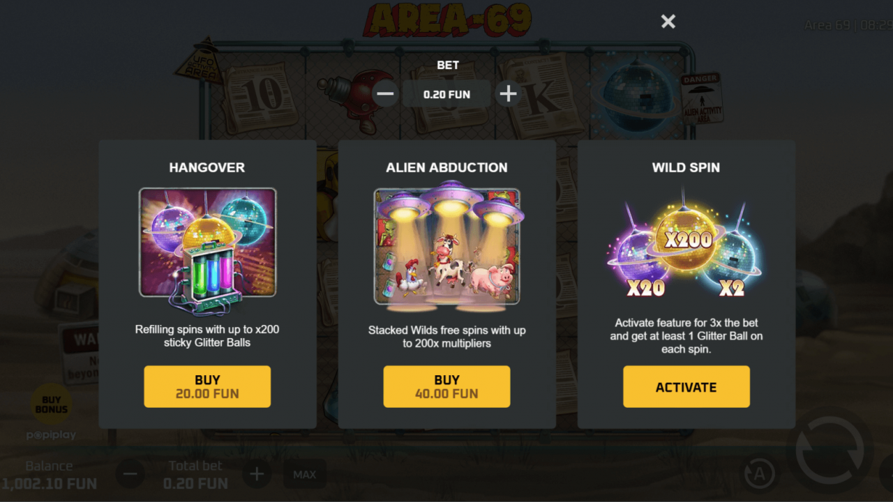 Bonus Buy menu showing Hangover, Alien Abduction and Wild Spin options.