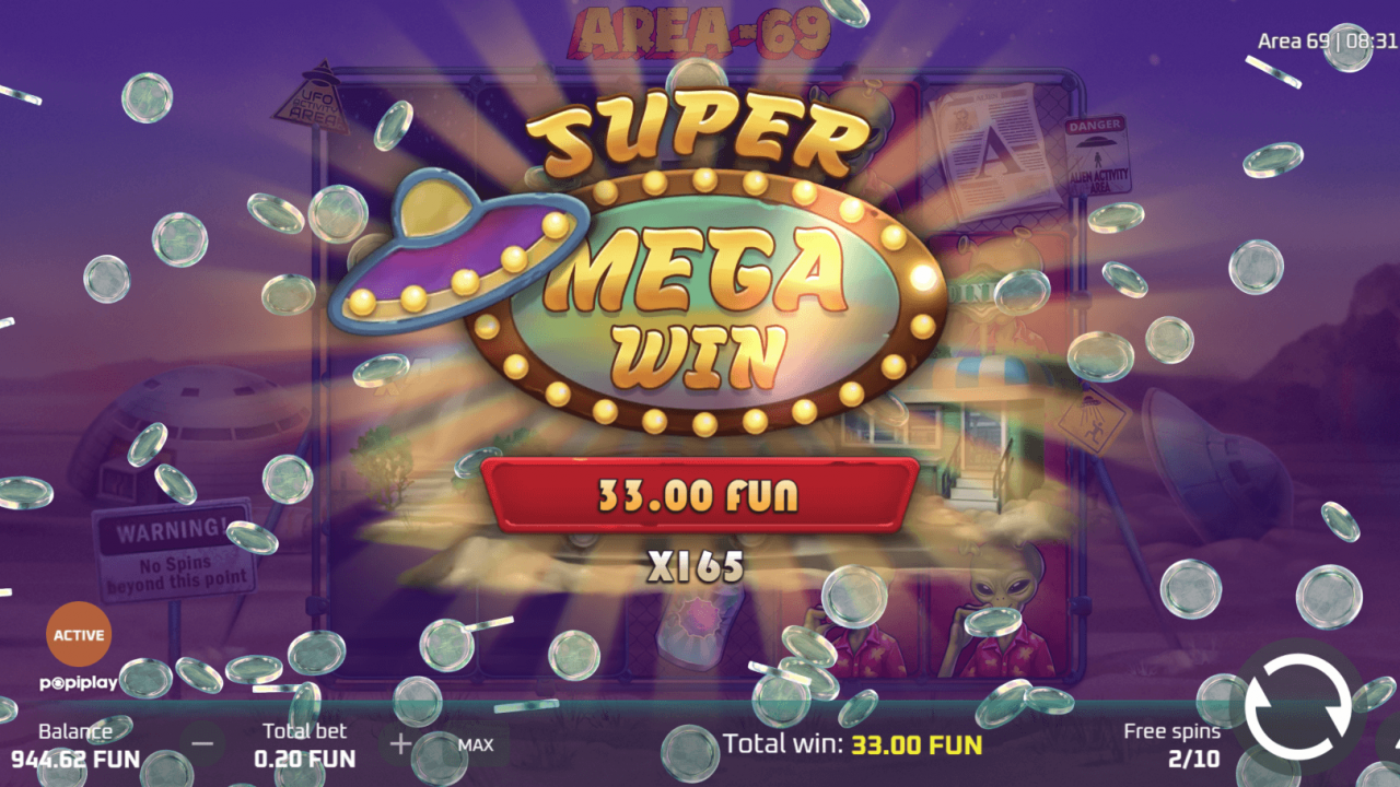 Super Mega Win screen showing total win and coin animation during Free Spins.