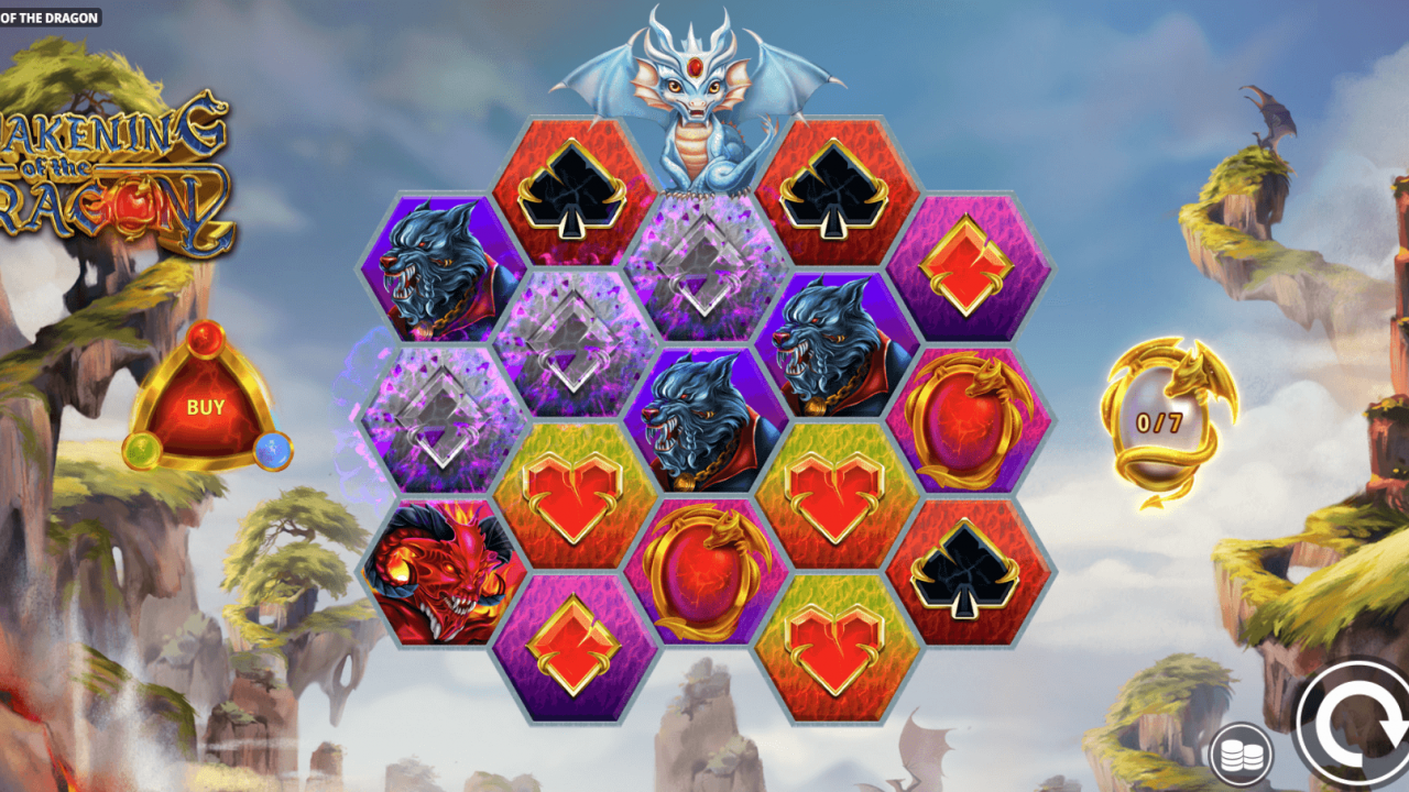 Gameplay showing the base game reels with dragon symbols and Awakening Meter at 0/7.
