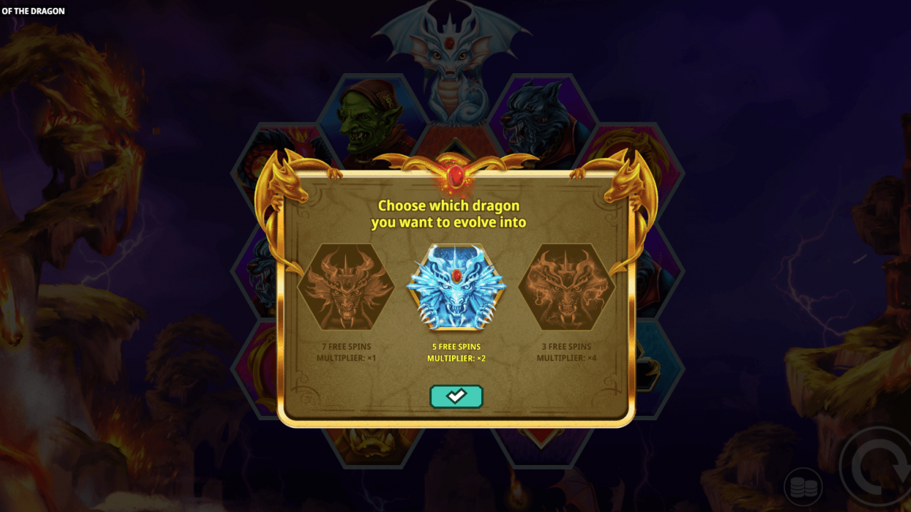 Free Spins mode start screen showing dragon selection and multipliers.