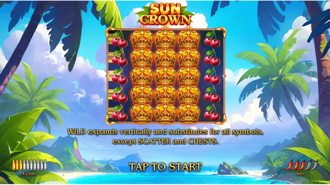 Winning screen showing a 5 of a kind combination in the Sun Crown game, showcasing a high payout scenario.