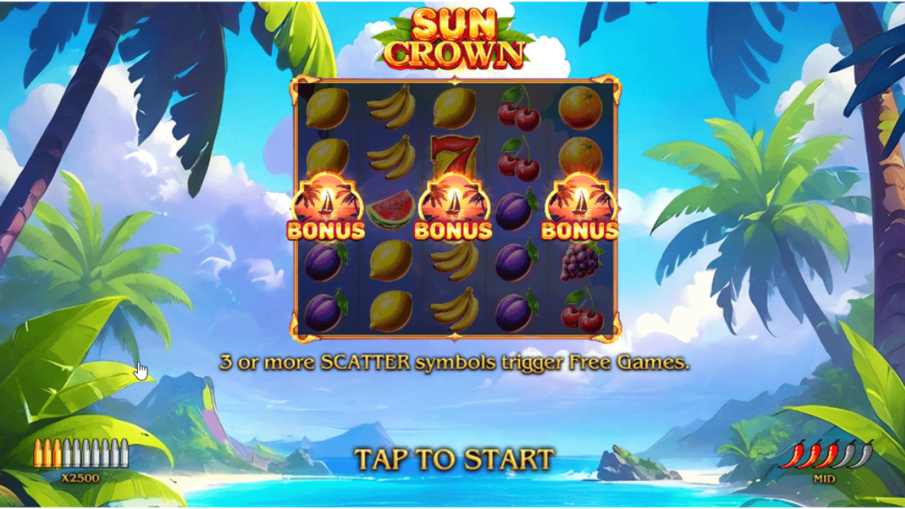 Moment when the bonus game is triggered in Sun Crown, indicating the combination of symbols that activated the bonus round.