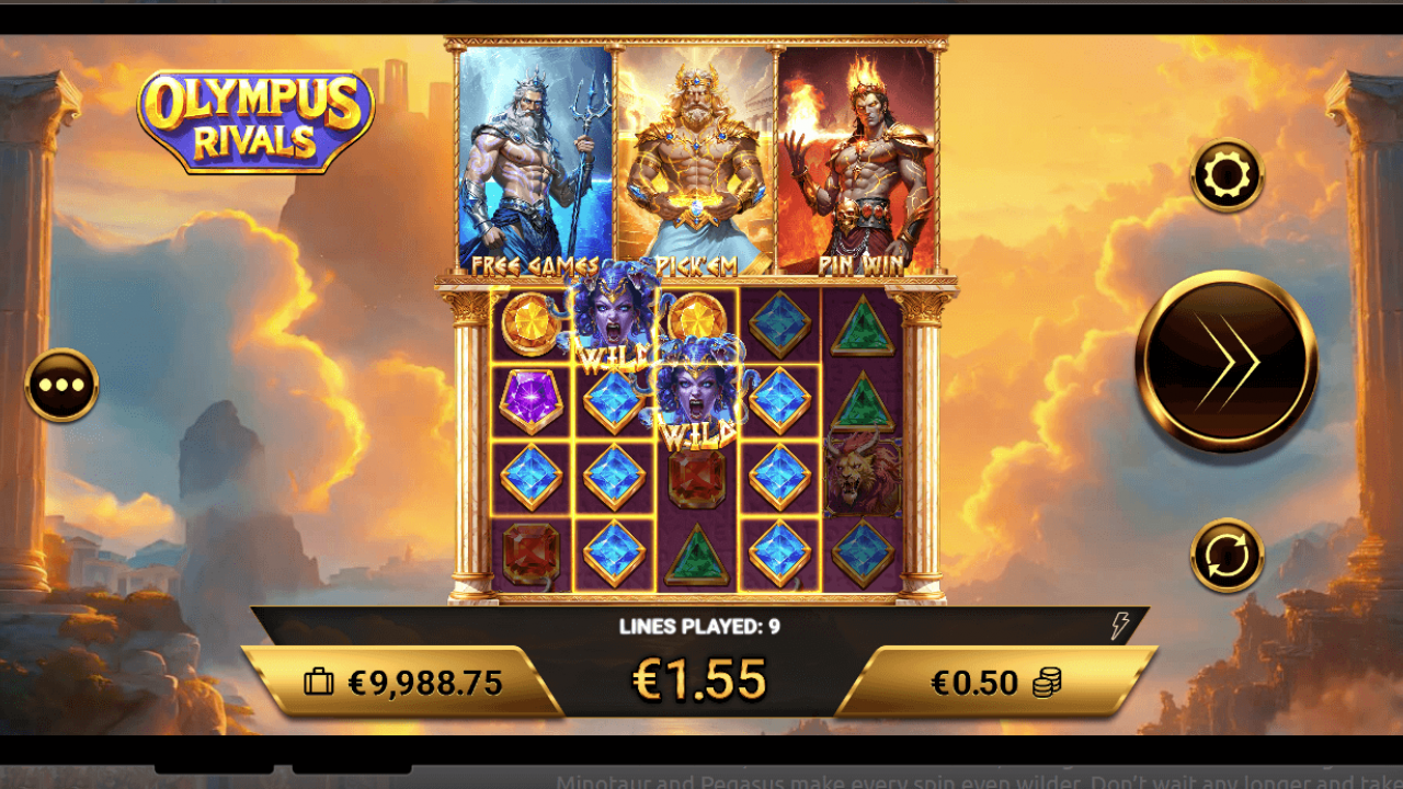 Rolos centrais de Olympus Rivals mostrando joias gregas e Medusa Wilds — slot iGaming 4×5 com 50 linhas em HTML5 da Amigo Gaming, distribuído por meio do Game Aggregator da Timeless Tech.