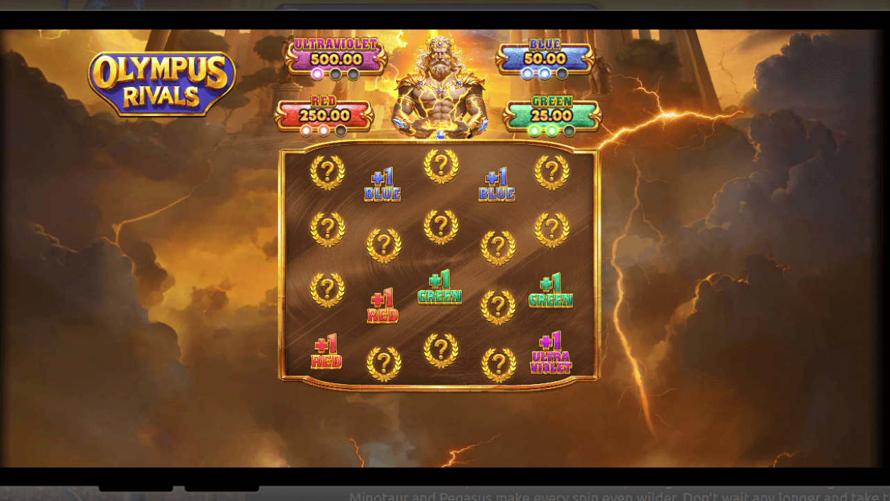 Pick’em grid showing mystery tokens and Blue/Red/Green/Ultraviolet awards—engaging bonus round in Amigo Gaming’s Olympus Rivals for iGaming operators.