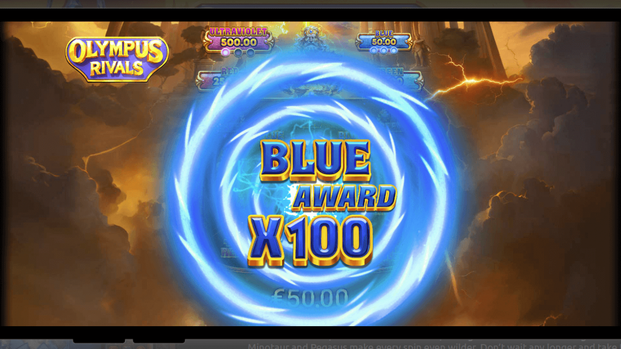 Blue Award ×100 animation during the Pick’em Bonus in Olympus Rivals—high-impact moment from Amigo Gaming’s HTML5 iGaming slot.