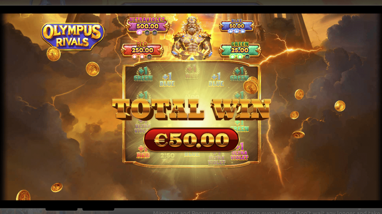 Total Win payout screen with coin burst in Olympus Rivals—clear outcome messaging in Amigo Gaming’s HTML5 iGaming title, compatible with Timeless Tech game aggregator.