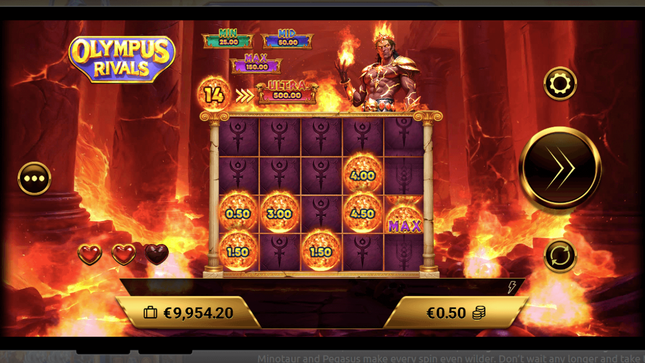 Pin Win bonus showing fiery board, locked prize orbs, and life counters—fast Hold & Win-style mode in Amigo Gaming’s Olympus Rivals for iGaming campaigns.