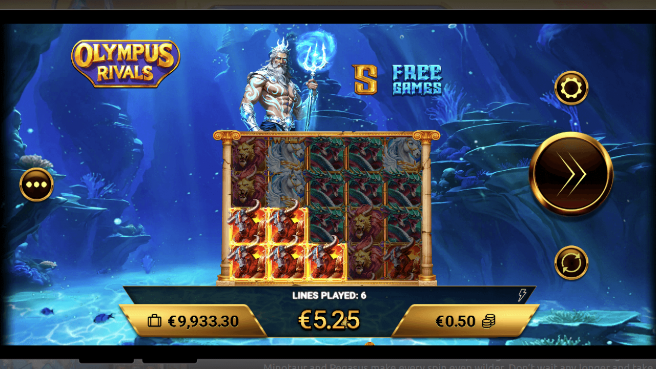 Free Games round under Poseidon setting with stacked highs and S Scatter—cinematic bonus play in Amigo Gaming’s Olympus Rivals, HTML5 iGaming slot via Timeless Tech.