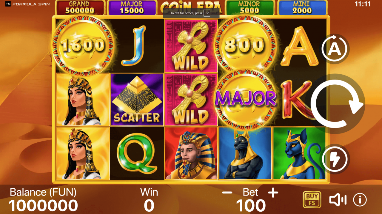 A screenshot showcasing the base game of Coin Era: Hold to Win, a Formula Spin slot featuring classic gameplay with fixed paylines.
