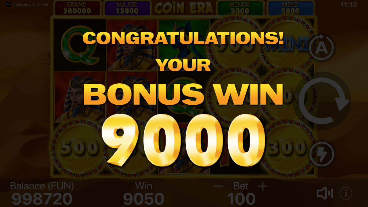 A screenshot showing a big win during the Coin Era bonus game, with players celebrating their rewards in this Formula Spin slot.