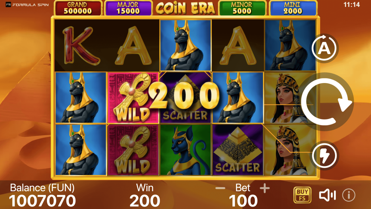 A screenshot showing a winning combination in the base game of Coin Era: Hold to Win, with a payout on the Formula Spin slot.
