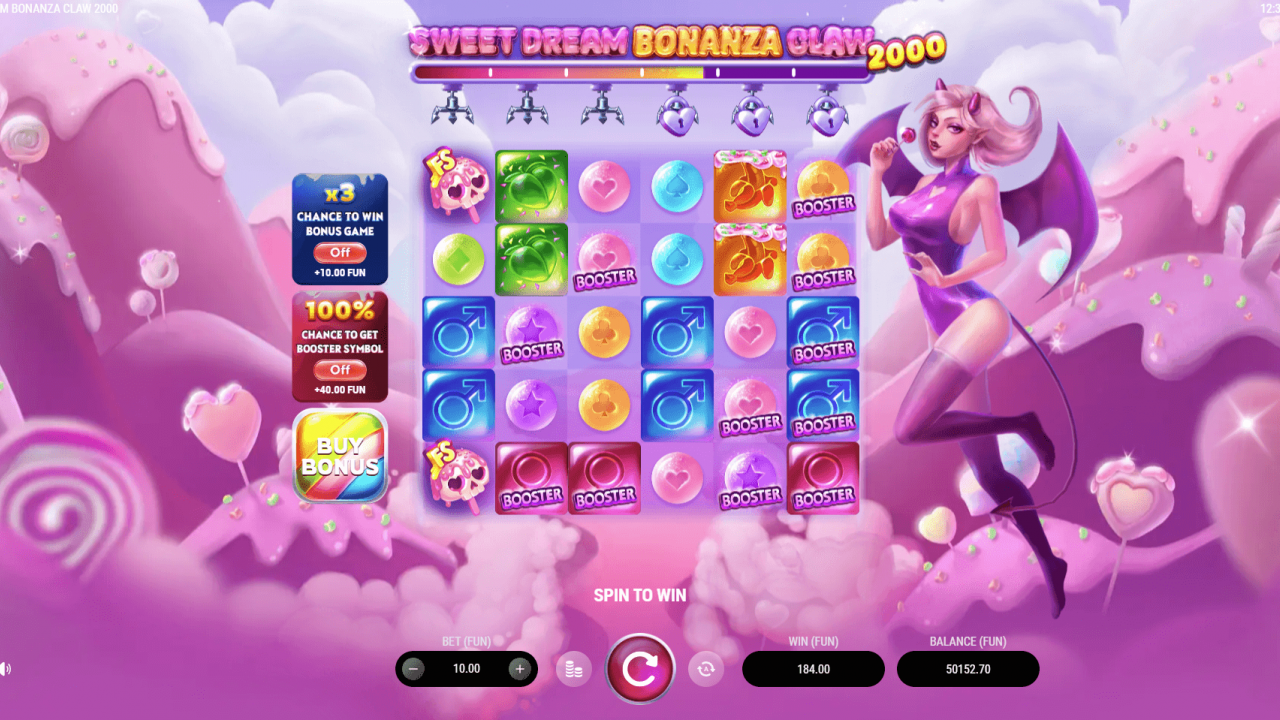 Base grid showing Booster symbols, Buy Bonus and claw unlock meter; Sweet Dream Bonanza Claw 2000 offers multipliers up to 2000x in an HTML5 arcade-style slot.