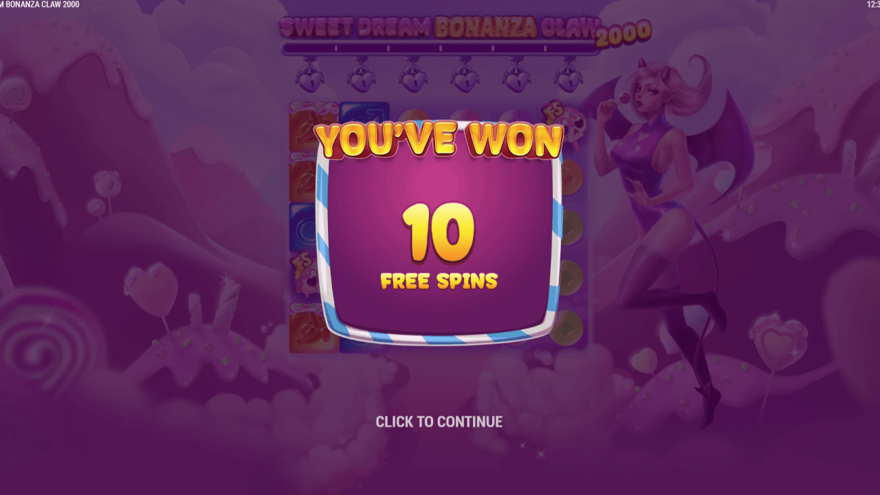 Free Spins triggered with 10 spins in Sweet Dream Bonanza Claw 2000; candy backdrop and claw icons signal a high-volatility bonus round.
