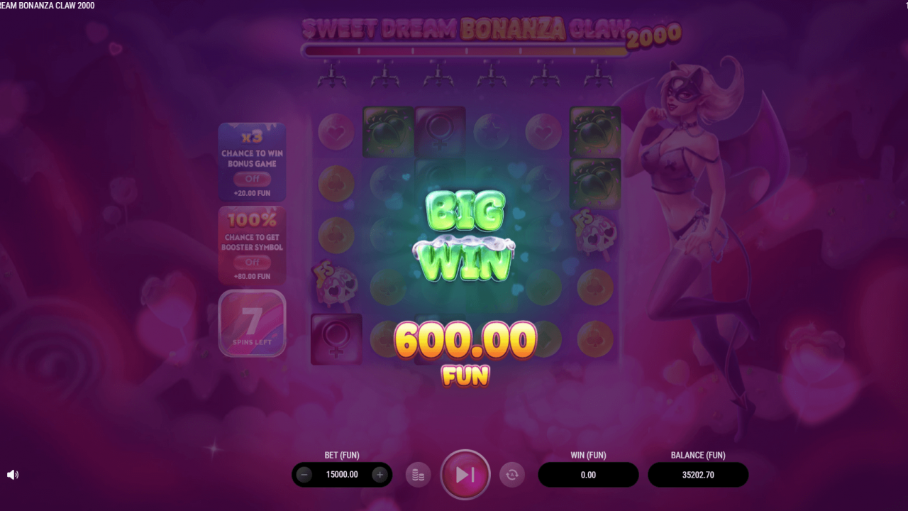 Big Win of 600.00 FUN during base play in Sweet Dream Bonanza Claw 2000; animated VFX/SFX highlight the arcade claw mechanic.